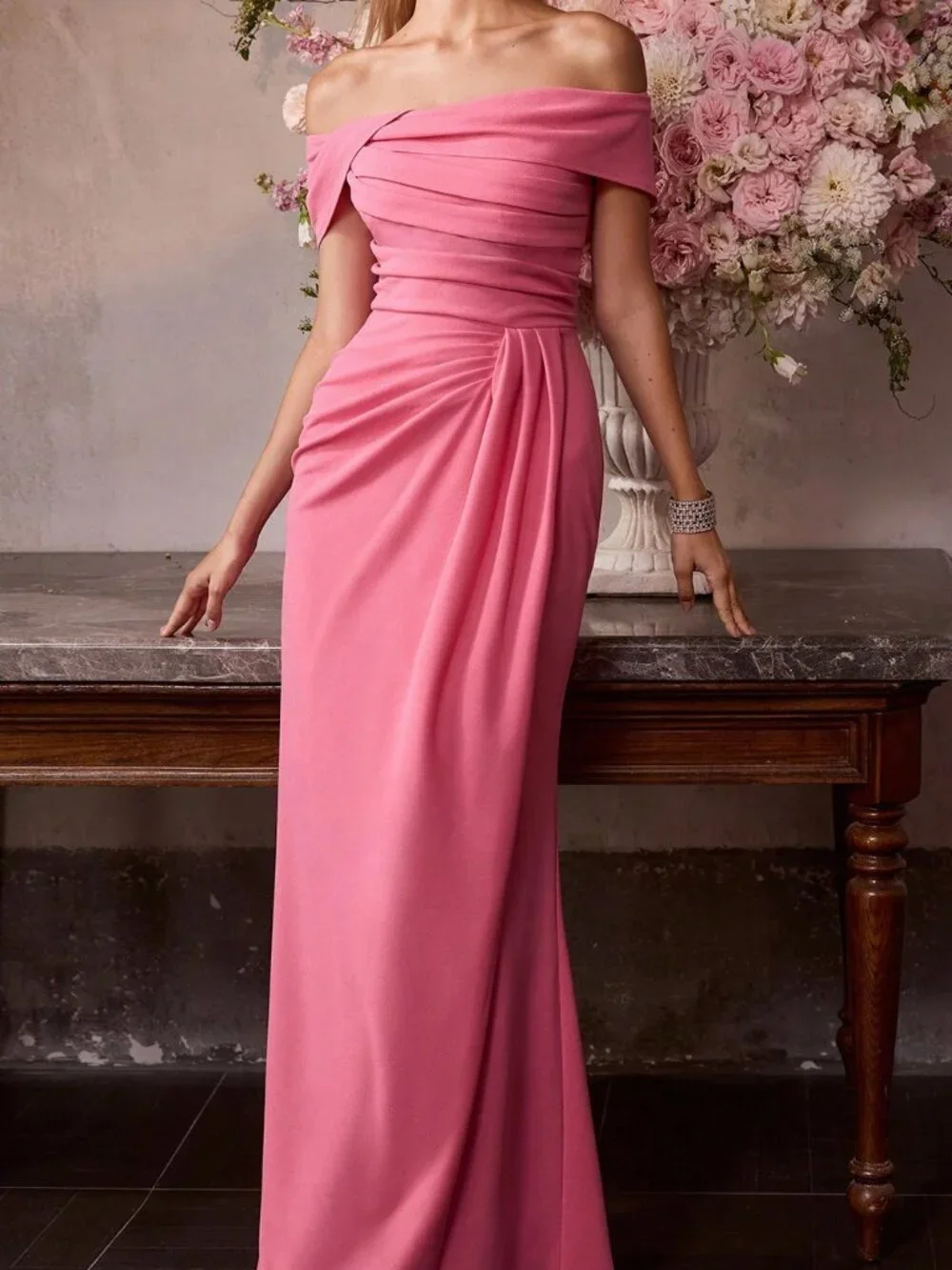 Hot Pink Elegant Women's Ruched Off-Shoulder Long Dress - Picture 4 of 6
